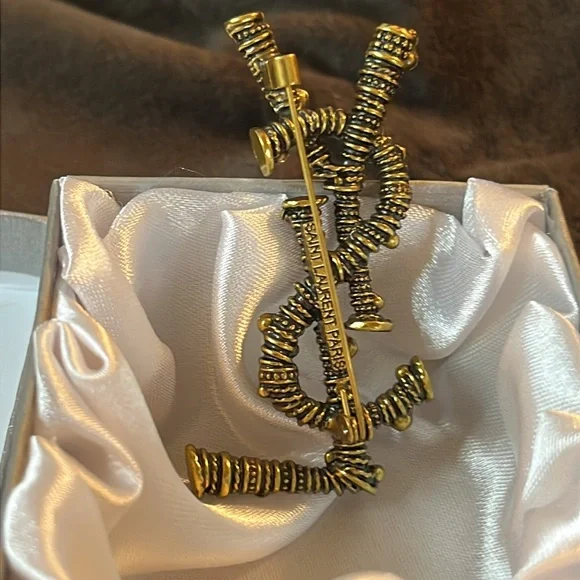 Vintage Dark Gold Tone Bead Textured Design YSL Brooch 2.5” - Picture 3 of 4